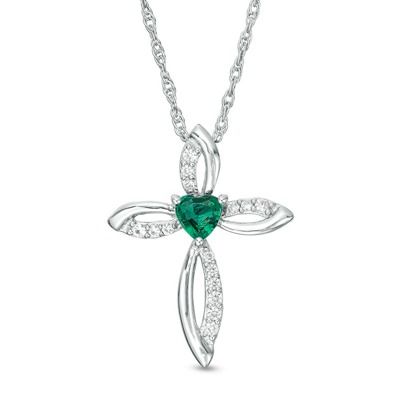 4.0mm Heart-Shaped Lab-Created Emerald and White Sapphire Pointed Loop Cross Pendant in Sterling Silver