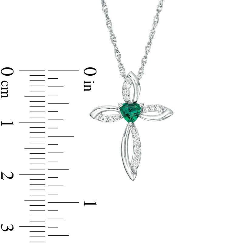 4.0mm Heart-Shaped Lab-Created Emerald and White Sapphire Pointed Loop Cross Pendant in Sterling Silver