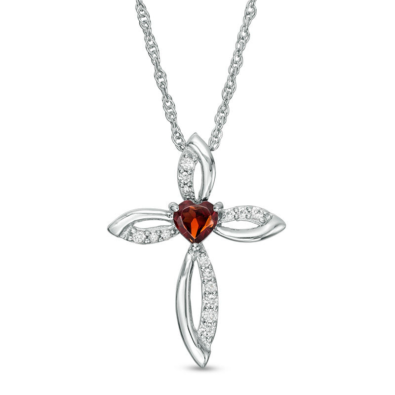 Main Image 1 of 4.0mm Heart-Shaped Garnet and Lab-Created White Sapphire Pointed Loop Cross Pendant in Sterling Silver