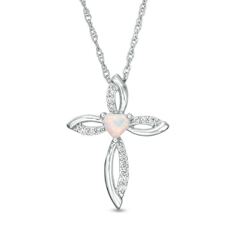 4.0mm Heart-Shaped Lab-Created Opal and White Sapphire Pointed Loop Cross Pendant in Sterling Silver