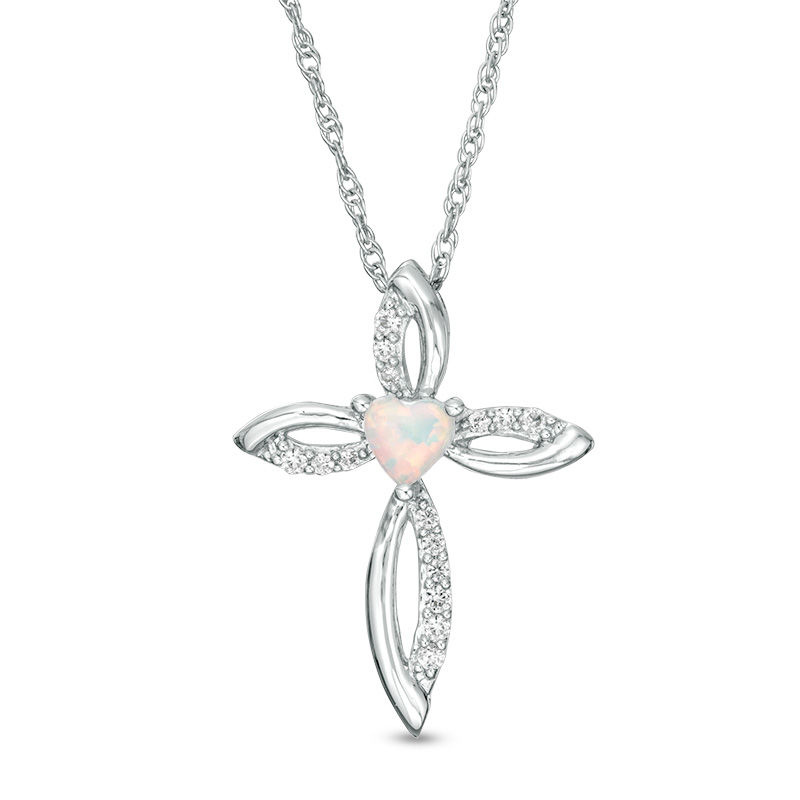 Main Image 1 of 4.0mm Heart-Shaped Lab-Created Opal and White Sapphire Pointed Loop Cross Pendant in Sterling Silver