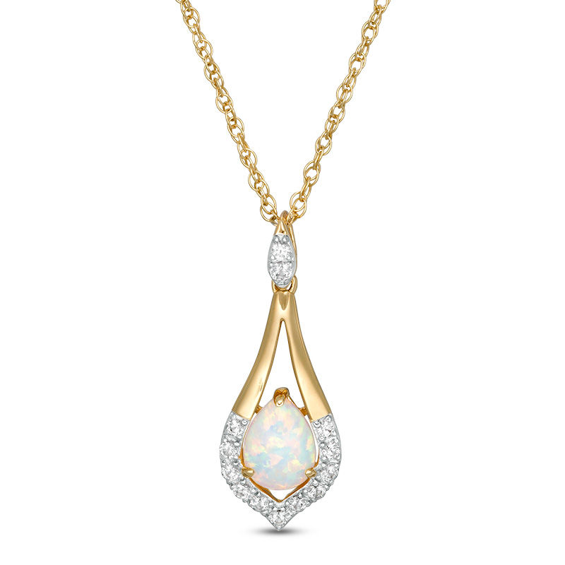 Main Image 1 of Oval Lab-Created Opal and White Sapphire Teardrop Pendant in Sterling Silver with 14K Gold Plate