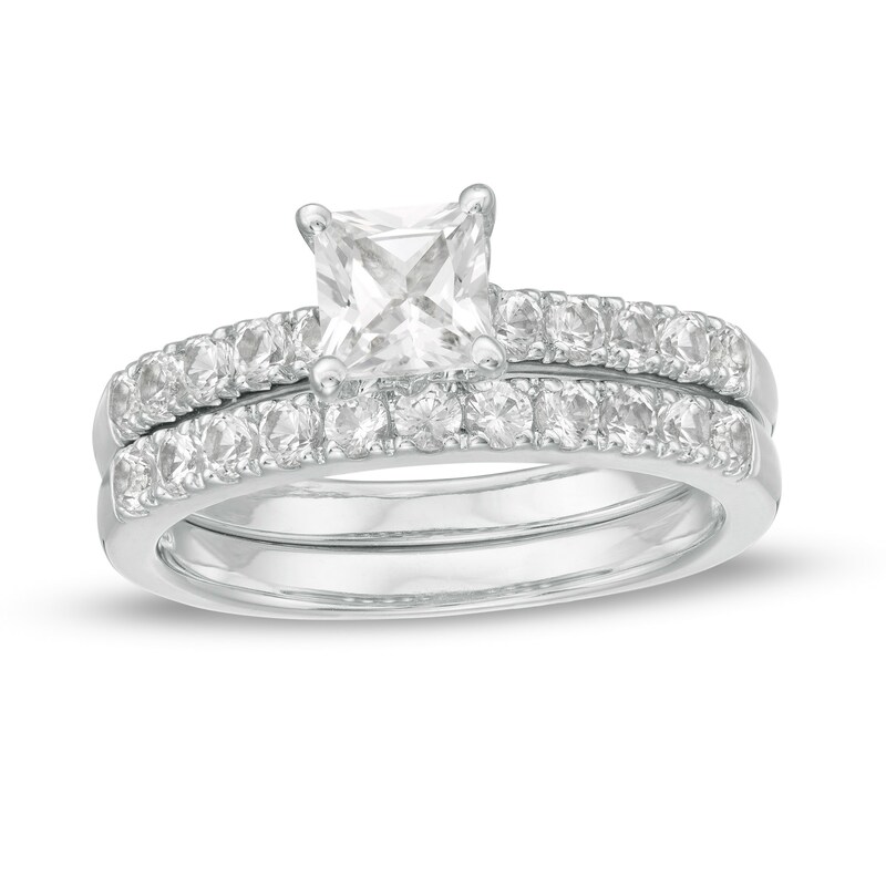 Main Image 1 of 5.0mm Princess-Cut Lab-Created White Sapphire Bridal Set in Sterling Silver