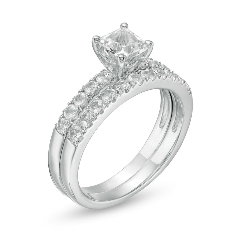 Main Image 2 of 5.0mm Princess-Cut Lab-Created White Sapphire Bridal Set in Sterling Silver