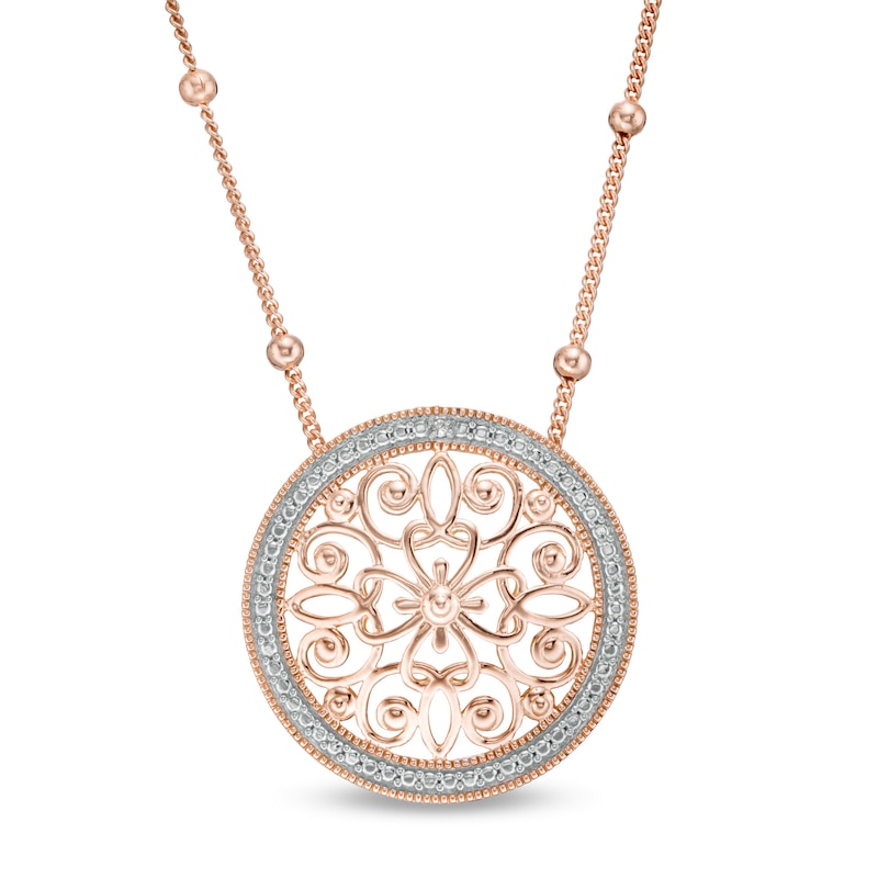 Diamond Accent Filigree Vintage-Style Circle Necklace in 10K Rose Gold