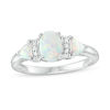 Thumbnail Image 0 of Oval and Trillion-Cut Lab-Created Opal with White Sapphire Three Stone Ring in Sterling Silver