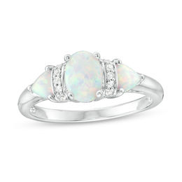 Oval and Trillion-Cut Lab-Created Opal with White Sapphire Three Stone Ring in Sterling Silver