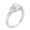 Thumbnail Image 2 of Oval and Trillion-Cut Lab-Created Opal with White Sapphire Three Stone Ring in Sterling Silver