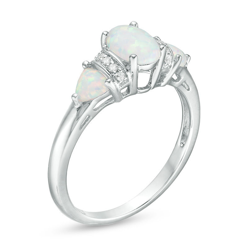 Oval and Trillion-Cut Lab-Created Opal with White Sapphire Three Stone Ring  in Sterling Silver