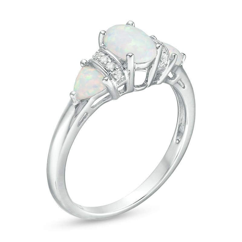 Oval and Trillion-Cut Lab-Created Opal with White Sapphire Three Stone Ring in Sterling Silver