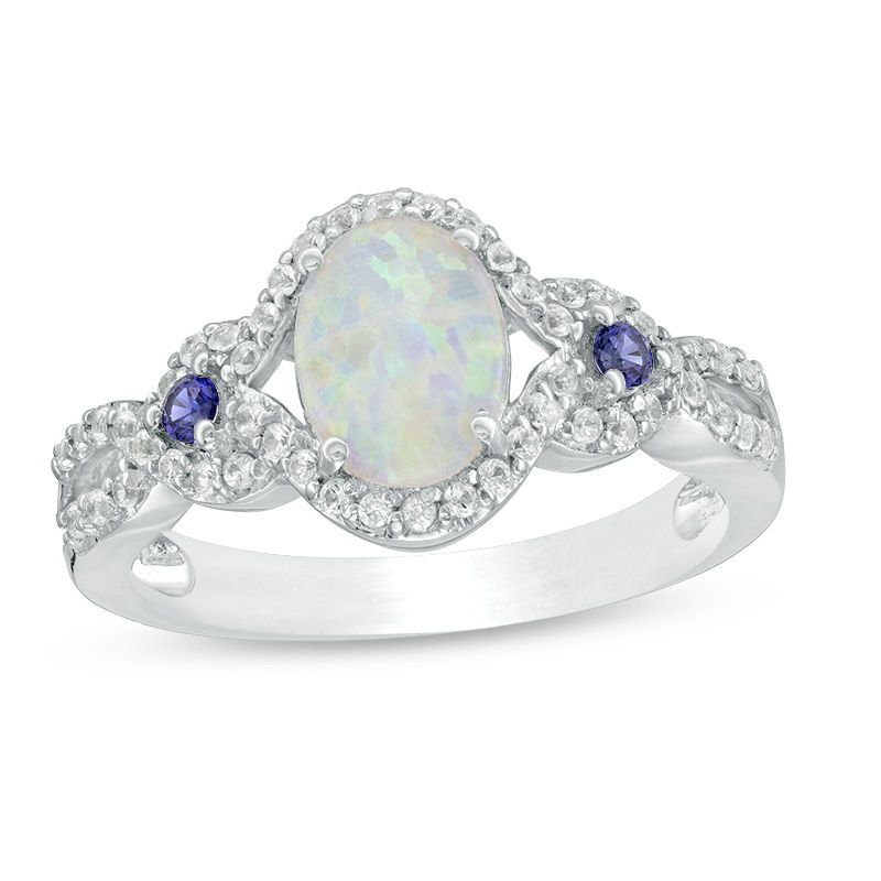 Main Image 1 of Lab-Created Opal, Blue and White Lab-Created Sapphire Open Frame Ring in Sterling Silver