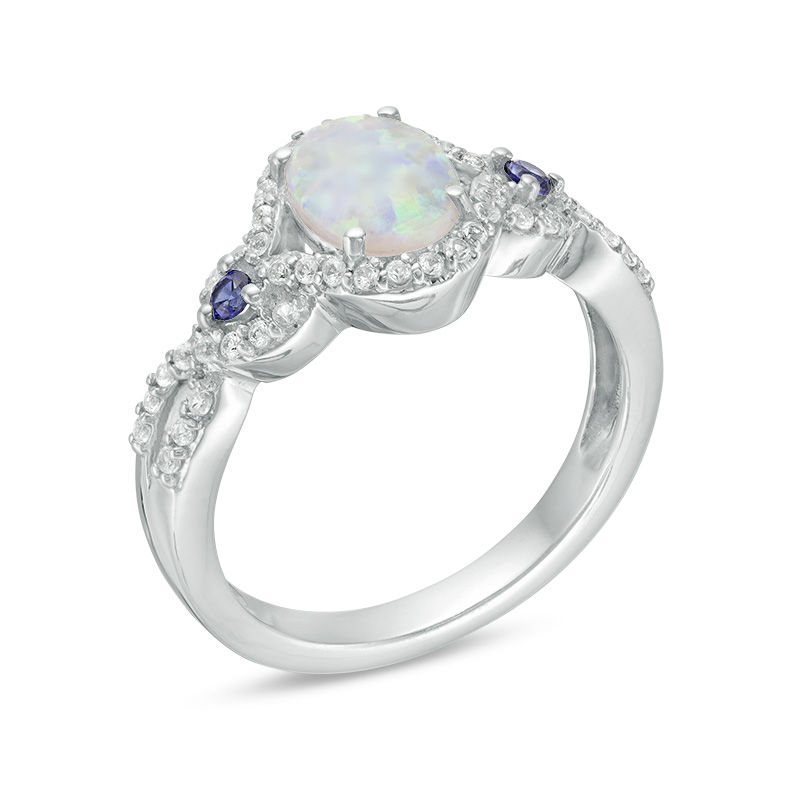 Main Image 2 of Lab-Created Opal, Blue and White Lab-Created Sapphire Open Frame Ring in Sterling Silver