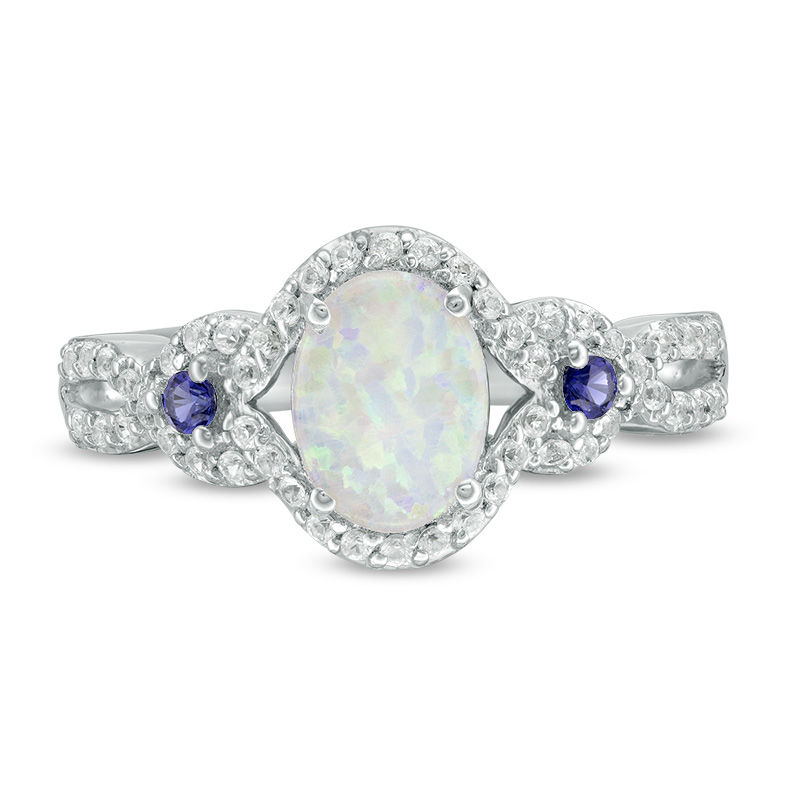 Main Image 3 of Lab-Created Opal, Blue and White Lab-Created Sapphire Open Frame Ring in Sterling Silver