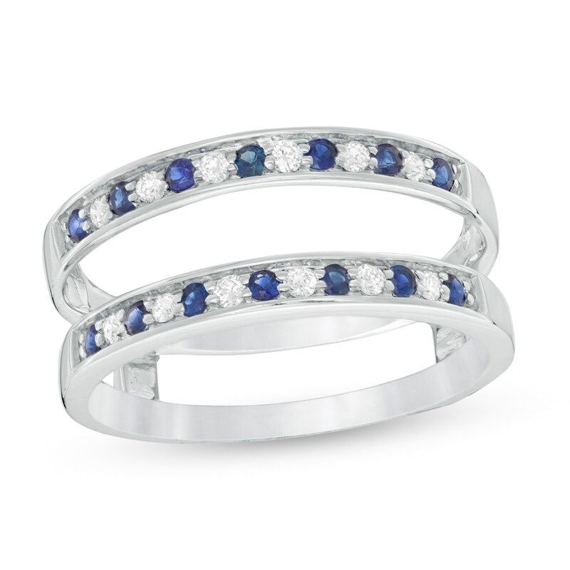 Blue Sapphire and 1/5 CT. T.W. Diamond Alternating Solitaire Enhancer in 14K White Gold