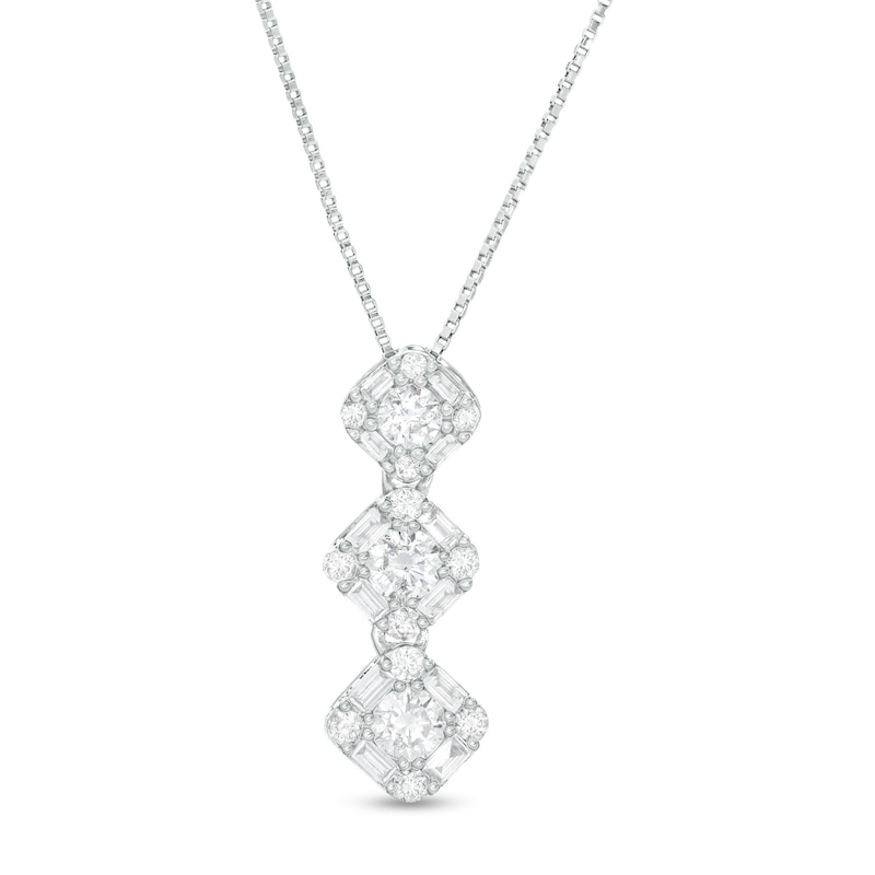 Main Image 1 of 1/2 CT. T.W. Baguette and Round Diamond Frame Graduated Three Stone Pendant in 10K White Gold