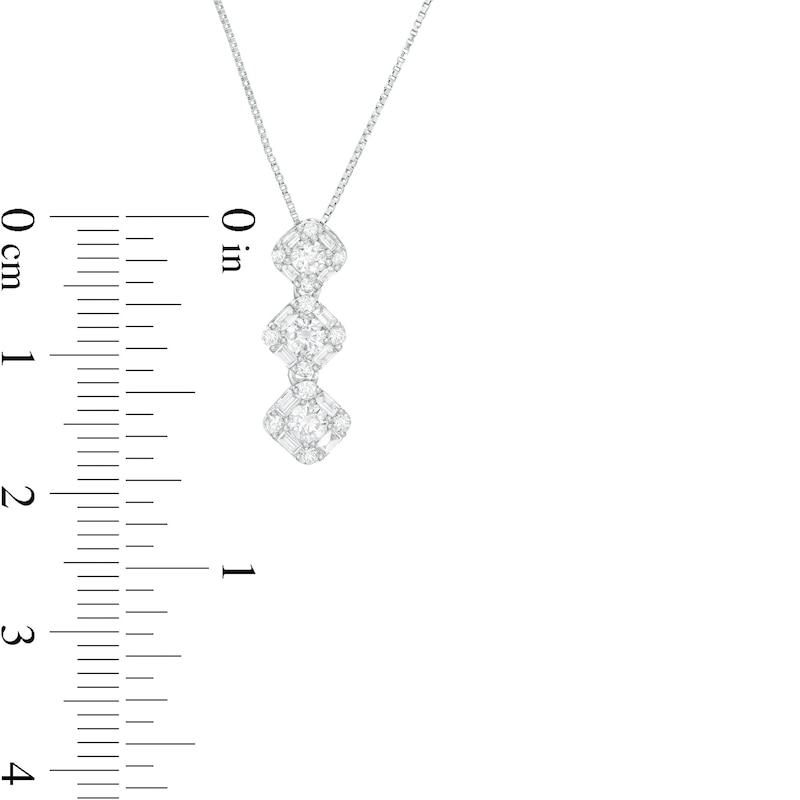 Main Image 2 of 1/2 CT. T.W. Baguette and Round Diamond Frame Graduated Three Stone Pendant in 10K White Gold