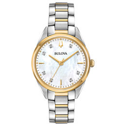 Ladies' Bulova Sutton Diamond Accent Two-Tone Watch with Mother-of-Pearl Dial (Model: 98P184)