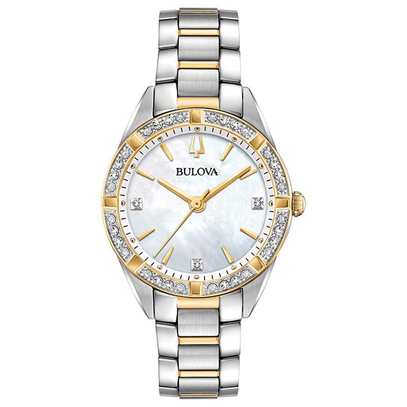 Ladies' Bulova Sutton 1/15 CT. T.W. Diamond Two-Tone Watch with Mother-of-Pearl (Model: 98R263)