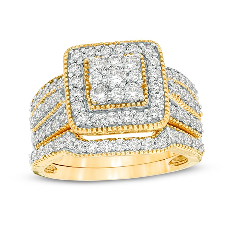 Main Image 1 of 1-1/4 CT. T.W. Multi-Diamond Square Frame Vintage-Style Multi-Row Bridal Set in 10K Gold