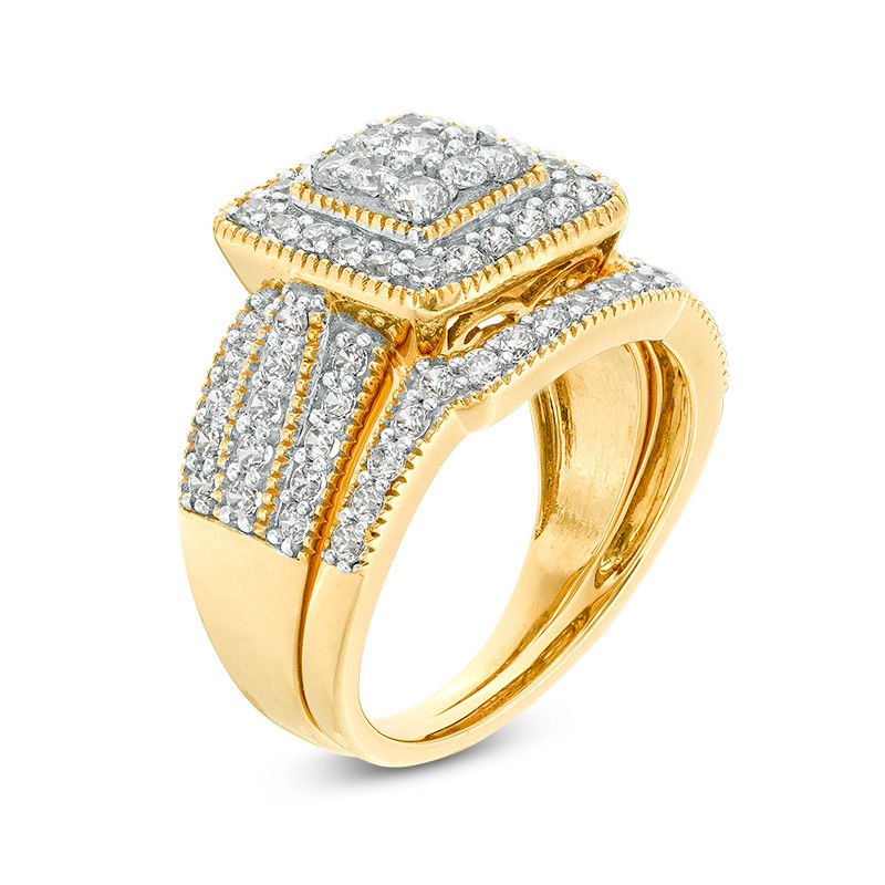 1-1/4 CT. T.W. Multi-Diamond Square Frame Vintage-Style Multi-Row Bridal Set in 10K Gold