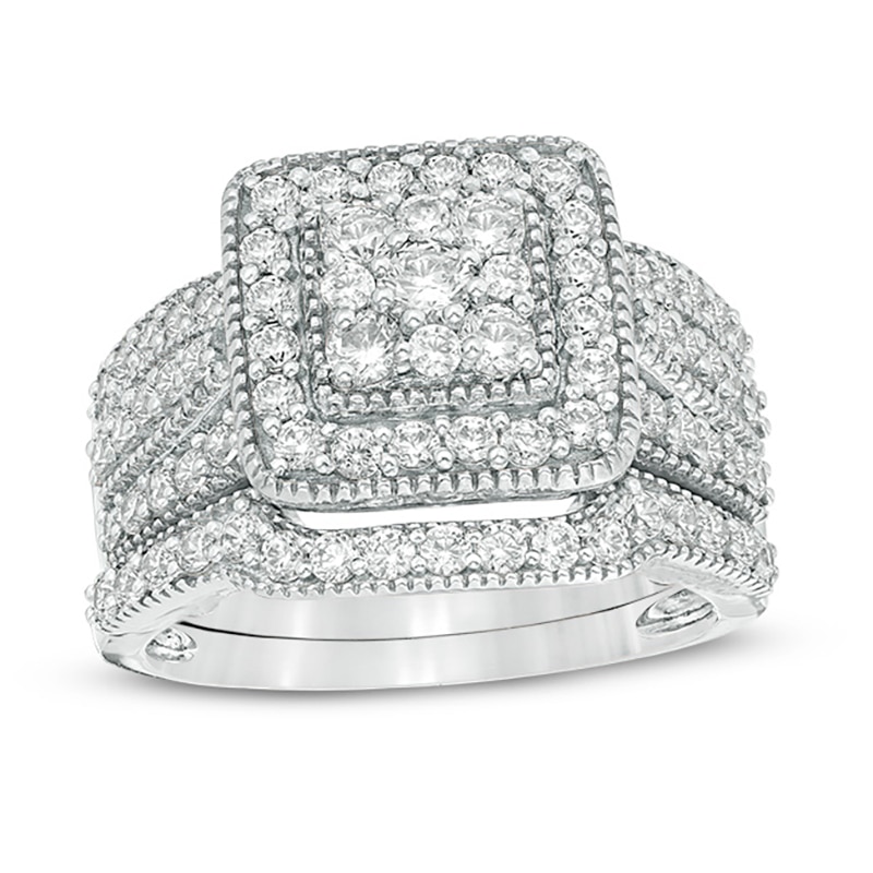Main Image 1 of 1-1/4 CT. T.W. Multi-Diamond Square Frame Vintage-Style Multi-Row Bridal Set in 10K White Gold