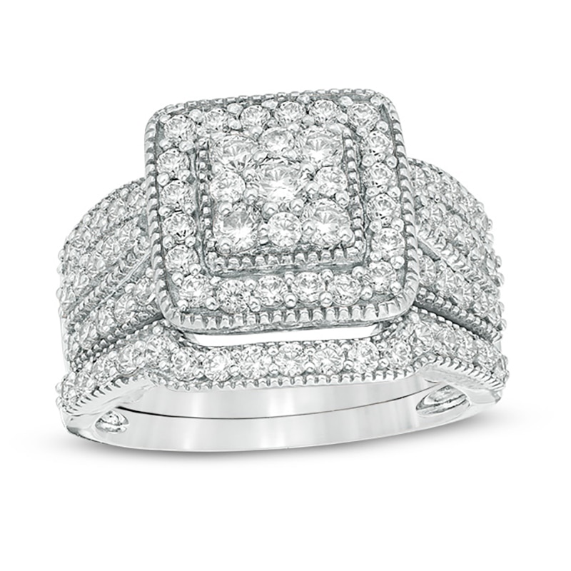 1-1/4 CT. T.W. Multi-Diamond Square Frame Vintage-Style Multi-Row Bridal Set in 10K White Gold