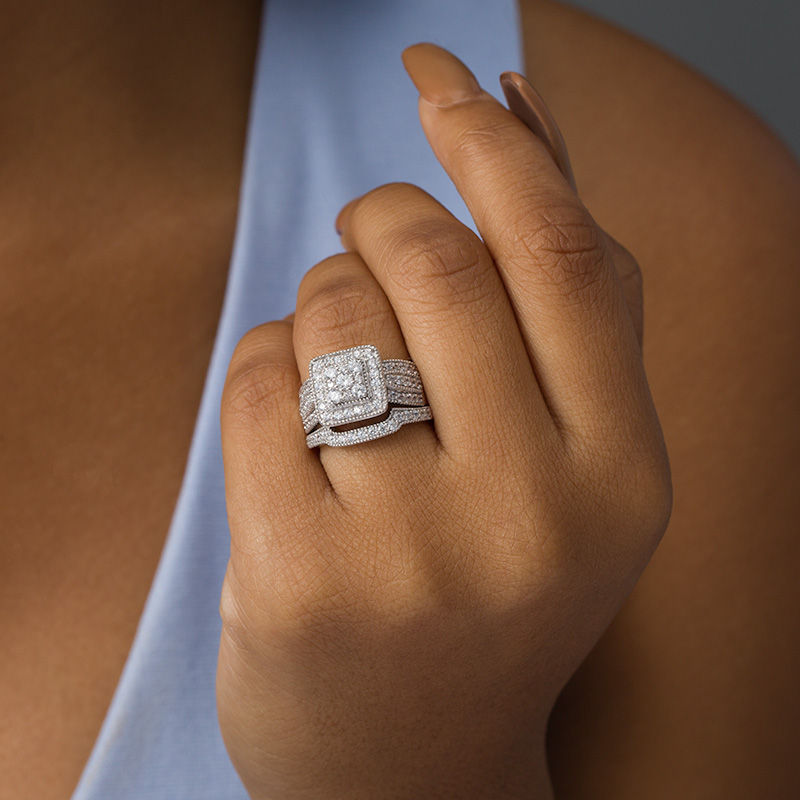 Main Image 2 of 1-1/4 CT. T.W. Multi-Diamond Square Frame Vintage-Style Multi-Row Bridal Set in 10K White Gold