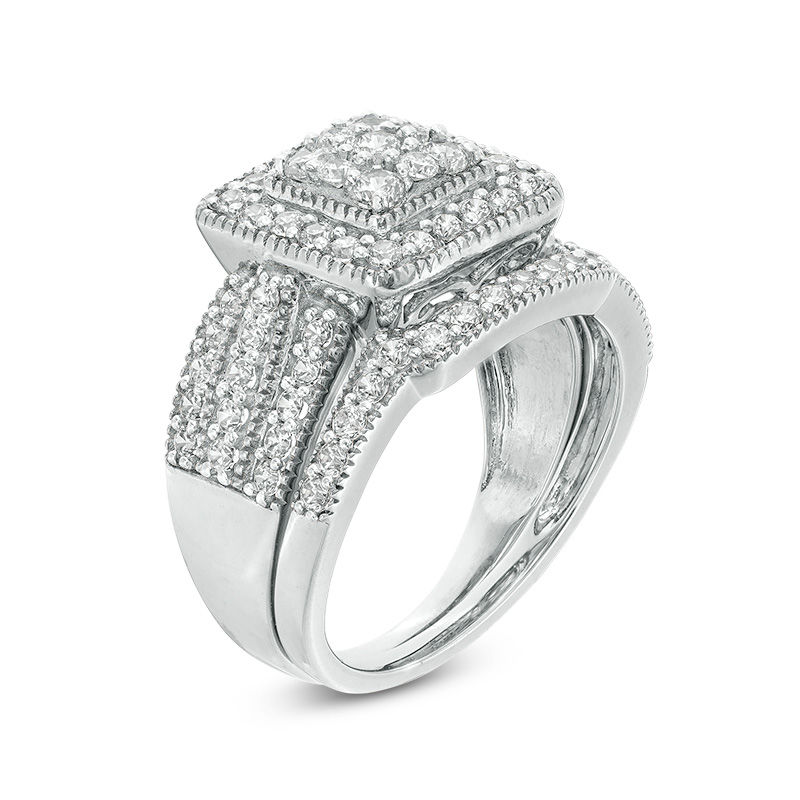 Main Image 3 of 1-1/4 CT. T.W. Multi-Diamond Square Frame Vintage-Style Multi-Row Bridal Set in 10K White Gold