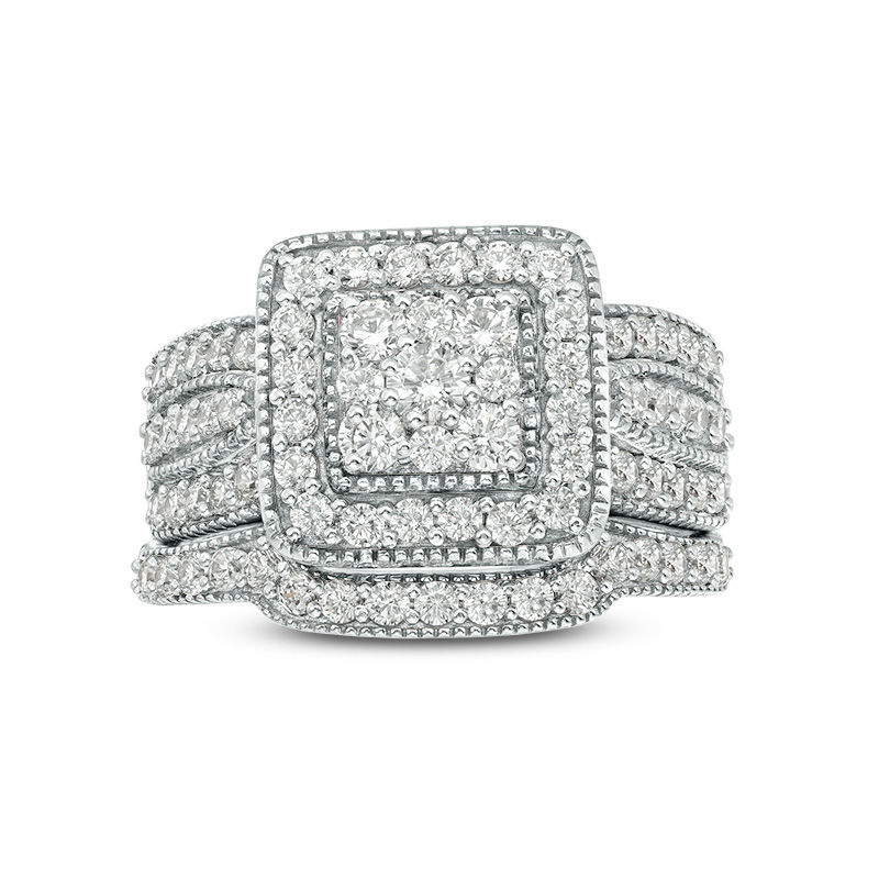 Main Image 4 of 1-1/4 CT. T.W. Multi-Diamond Square Frame Vintage-Style Multi-Row Bridal Set in 10K White Gold