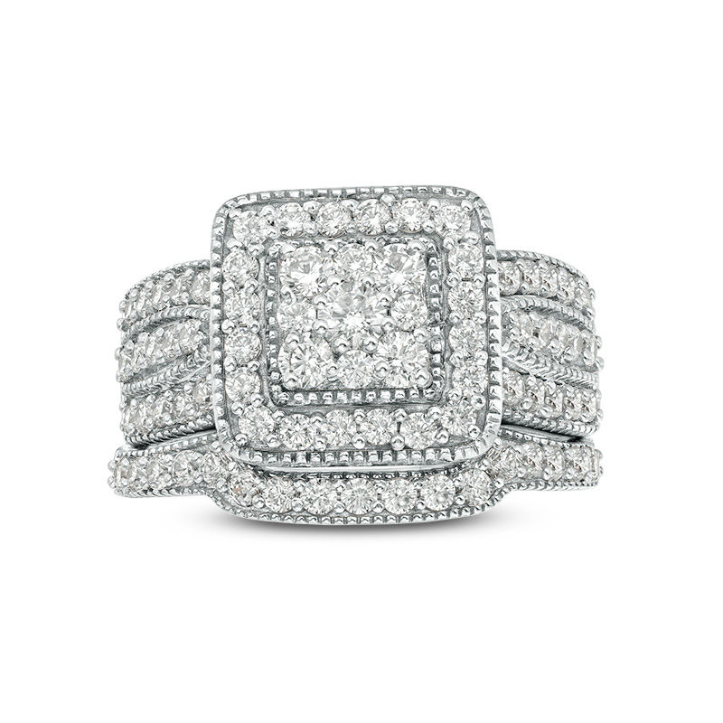 1-1/4 CT. T.W. Multi-Diamond Square Frame Vintage-Style Multi-Row Bridal Set in 10K White Gold