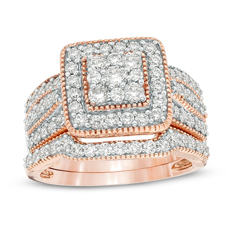 Main Image 1 of 1-1/4 CT. T.W. Multi-Diamond Square Frame Vintage-Style Multi-Row Bridal Set in 10K Rose Gold