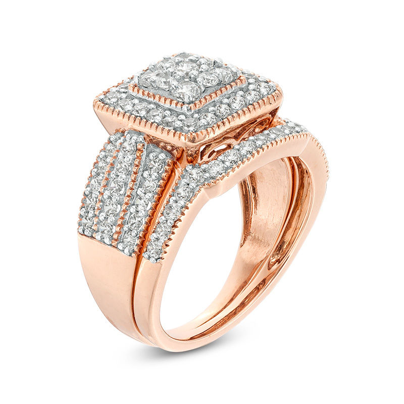 Main Image 3 of 1-1/4 CT. T.W. Multi-Diamond Square Frame Vintage-Style Multi-Row Bridal Set in 10K Rose Gold