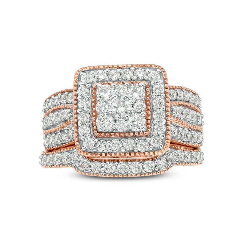 Main Image 4 of 1-1/4 CT. T.W. Multi-Diamond Square Frame Vintage-Style Multi-Row Bridal Set in 10K Rose Gold
