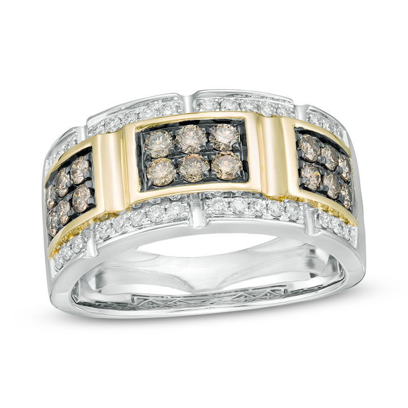 Men's 1 CT. T.W. Champagne and White Diamond Buckle Ring in 10K Two-Tone Gold