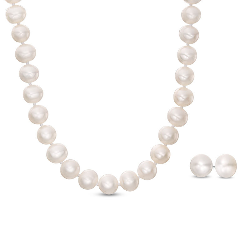 8.0 - 9.0mm Button Cultured Freshwater Pearl Strand Necklace and Stud Earrings Set with Sterling Silver Clasp