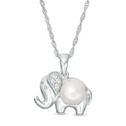 6.0mm Button Cultured Freshwater Pearl and Lab-Created White Sapphire Elephant Pendant in Sterling Silver