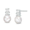 Thumbnail Image 1 of 6.0mm Button Freshwater Cultured Pearl and Lab-Created White Sapphire Stacked Drop Earrings in Sterling Silver
