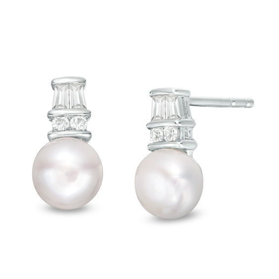 6.0mm Button Cultured Freshwater Pearl and Lab-Created White Sapphire Stacked Drop Earrings in Sterling Silver 6.0mm Button Cultured Freshwater Pearl and Lab-Created White Sapphire Stacked Drop Earrings in Sterling Silver
