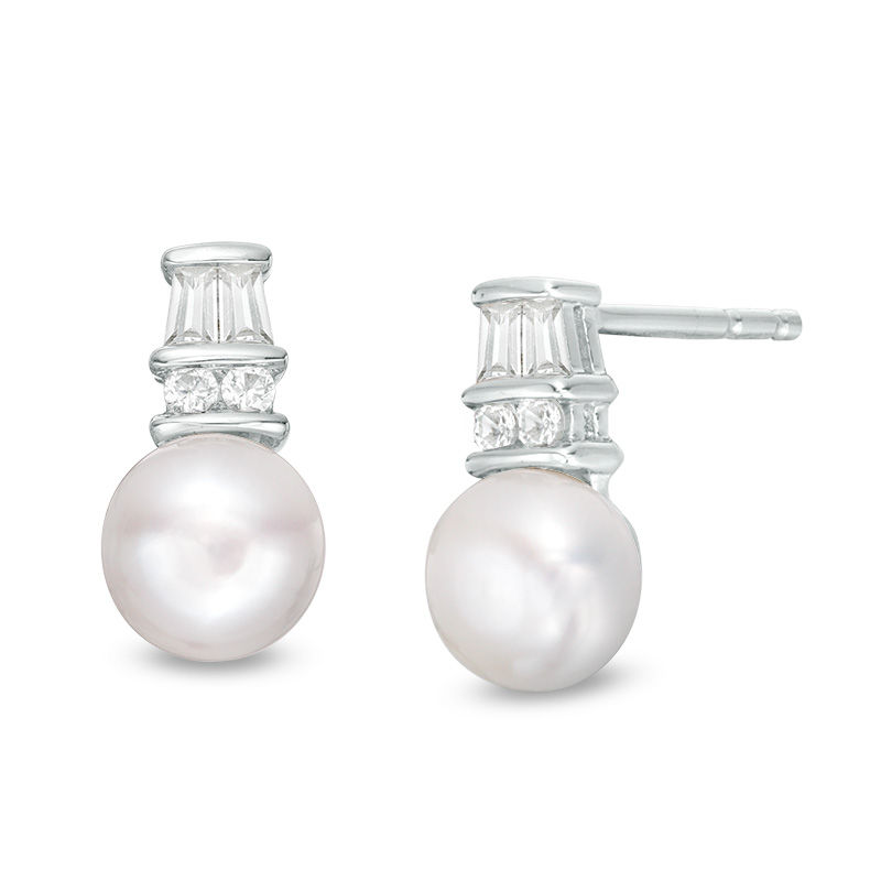 Main Image 1 of 6.0mm Button Freshwater Cultured Pearl and Lab-Created White Sapphire Stacked Drop Earrings in Sterling Silver