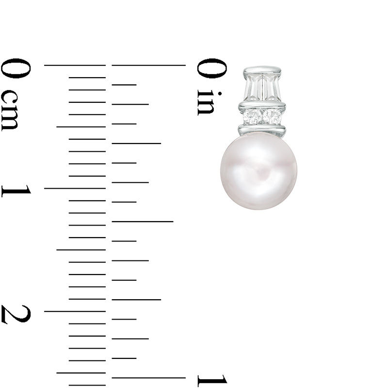 Main Image 2 of 6.0mm Button Freshwater Cultured Pearl and Lab-Created White Sapphire Stacked Drop Earrings in Sterling Silver