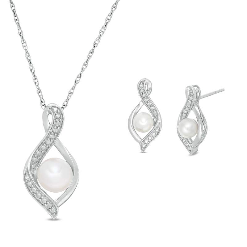 Main Image 1 of 5.0-6.0mm Freshwater Cultured Pearl Beaded Infinity Flame Pendant and Stud Earrings Set in Sterling Silver