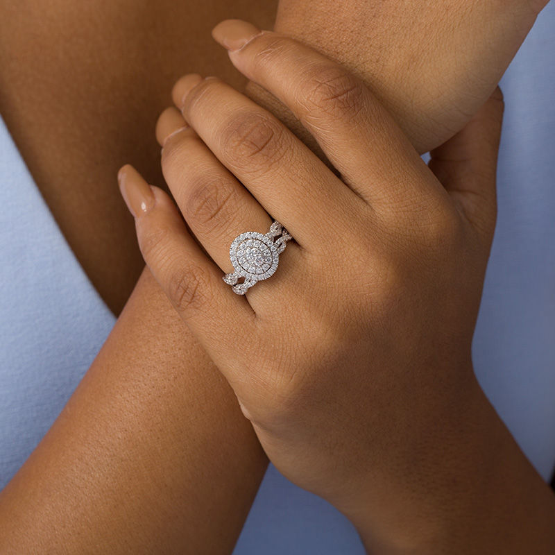 Main Image 2 of 3/4 CT. T.W. Oval Multi-Diamond Double Frame Twist Bridal Set in 10K White Gold
