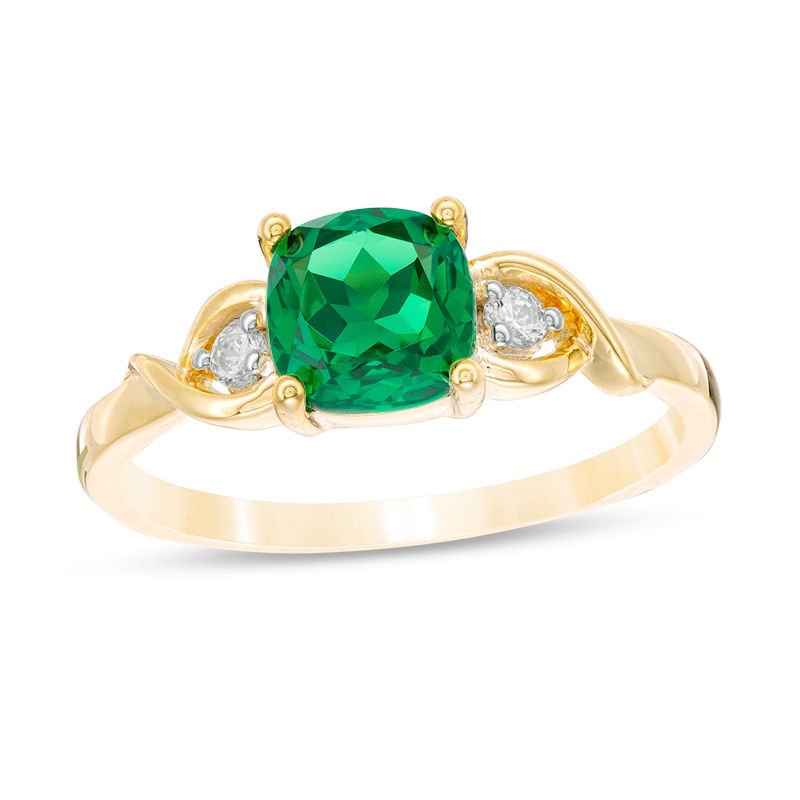Main Image 1 of 6.0mm Cushion-Cut Lab-Created Emerald and Diamond Accent Crossover Loop Promise Ring in 10K Gold