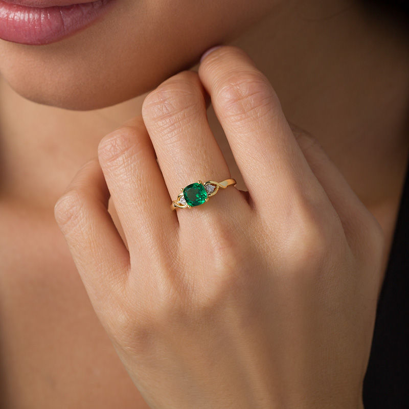 Main Image 2 of 6.0mm Cushion-Cut Lab-Created Emerald and Diamond Accent Crossover Loop Promise Ring in 10K Gold