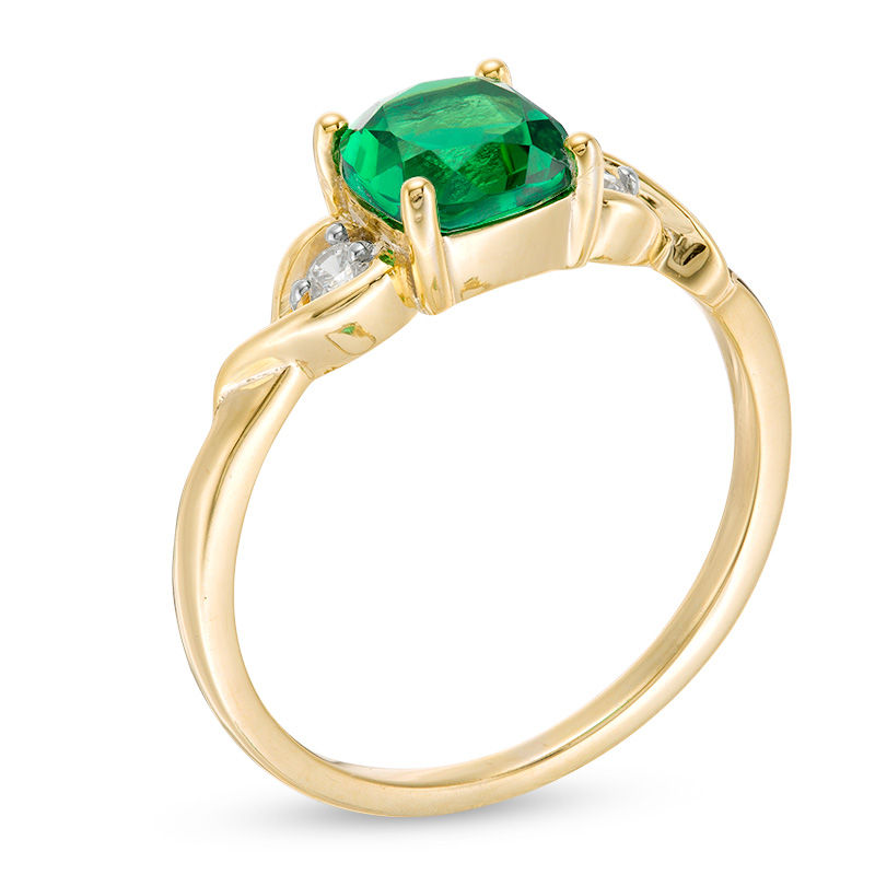 Main Image 3 of 6.0mm Cushion-Cut Lab-Created Emerald and Diamond Accent Crossover Loop Promise Ring in 10K Gold