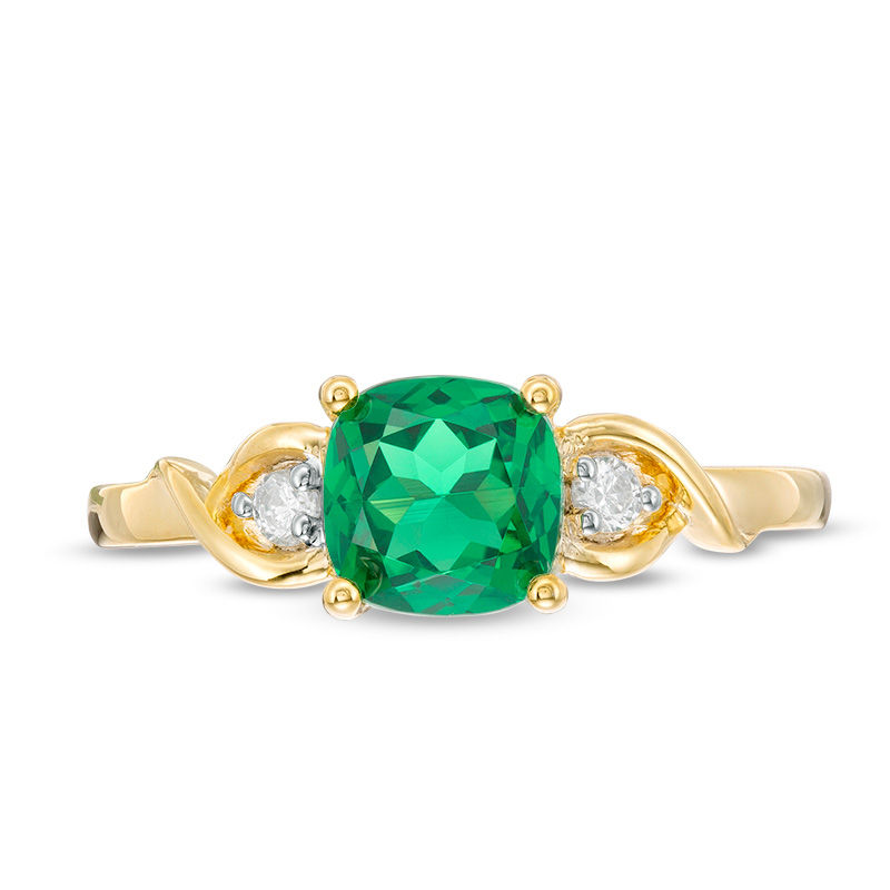 Main Image 4 of 6.0mm Cushion-Cut Lab-Created Emerald and Diamond Accent Crossover Loop Promise Ring in 10K Gold