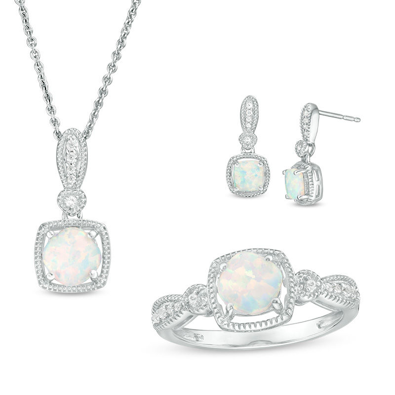 Main Image 1 of Cushion-Cut Lab-Created Opal and White Sapphire Vintage-Style Pendant, Earrings and Ring Set in Sterling Silver - Size 7