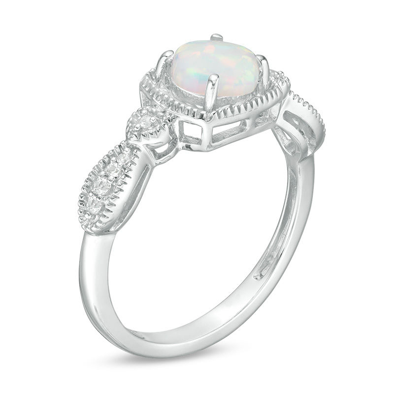 Main Image 3 of Cushion-Cut Lab-Created Opal and White Sapphire Vintage-Style Pendant, Earrings and Ring Set in Sterling Silver - Size 7