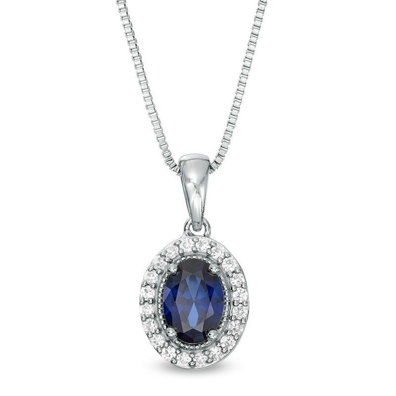 Oval Lab-Created Blue and White Sapphire Frame Vintage-Style Pendant in Sterling Silver