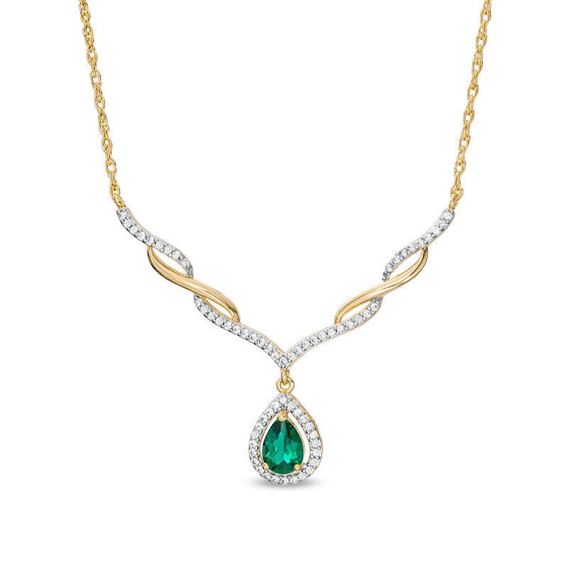 Pear-Shaped Lab-Created Emerald and White Sapphire Twisted Chevron Drop Necklace in Sterling Silver with 18K Gold Plate